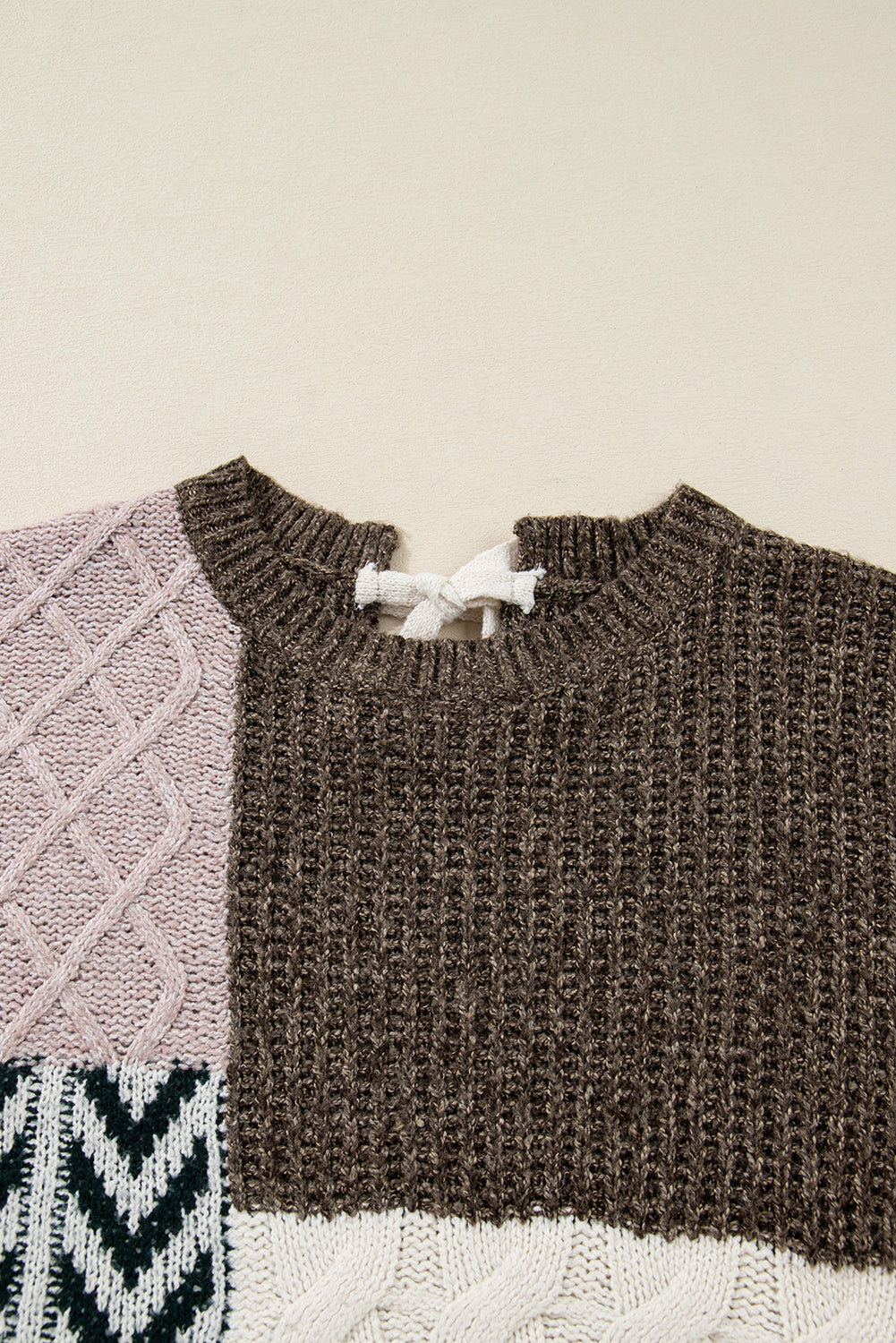 Brown Plus Size Color Block Patchwork Knotted Back Sweater Dear-Lover Dropshipping